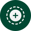 A white plus sign inside a dashed circle, centered on a dark green circular background.