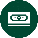 White icon of a paper bill on top of a rectangular card, centered on a dark green circular background, representing money, payment, or financial transactions.