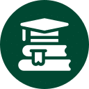 A white icon of two stacked books with a bookmark and a graduation cap on top, set against a dark green circular background.