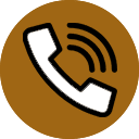 A white phone receiver icon with sound waves, outlined in black, centered on a brown circular background.