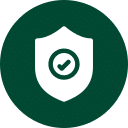 A white shield with a check mark inside a circle, set against a dark green circular background, representing security or protection.