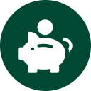 A white piggy bank icon with a coin being inserted, set against a dark green circular background.