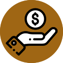 Icon of an open hand with a coin featuring a dollar sign above it, all in black and white, set against a brown circular background.