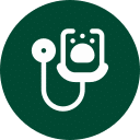 White stethoscope with a paw print in the center on a dark green circular background, symbolizing veterinary care or animal health.