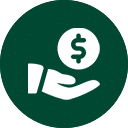 A white hand holding a coin with a dollar sign on it, set against a dark green circular background.