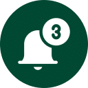 A white notification bell icon with a circle displaying the number 3 in the upper right, set on a dark green circular background.