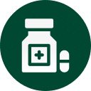 A green circular icon featuring a white medicine bottle with a cross on its label and a capsule pill beside it, symbolizing medication or pharmacy.