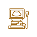 Icon of an ultrasound machine with a monitor displaying an image and a connected handheld probe, shown in brown outline on a white circular background, representing Pet Diagnostics in Rockaway and Denville.