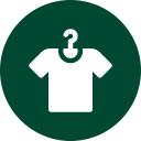 A white t-shirt with a hanger shaped like a question mark inside a dark green circle, representing uncertainty or a question about clothing.