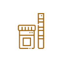 Simple brown line icon of a medicine bottle with a label and a test tube, both standing upright on a white circular background—perfect for representing Pet Diagnostics in Rockaway and Denville.