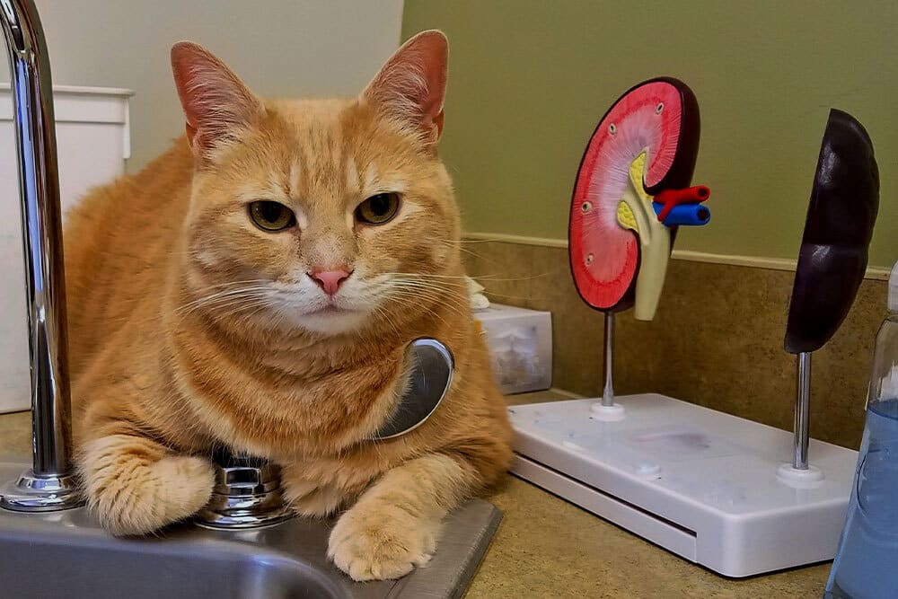 An orange tabby cat sits on a counter next to a sink, with a veterinary stethoscope around its neck and anatomical models of a kidney and another organ in the background.