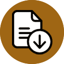 Icon of a sheet of paper with horizontal lines and a downward-pointing arrow in front, inside a brown circle, representing a document download.