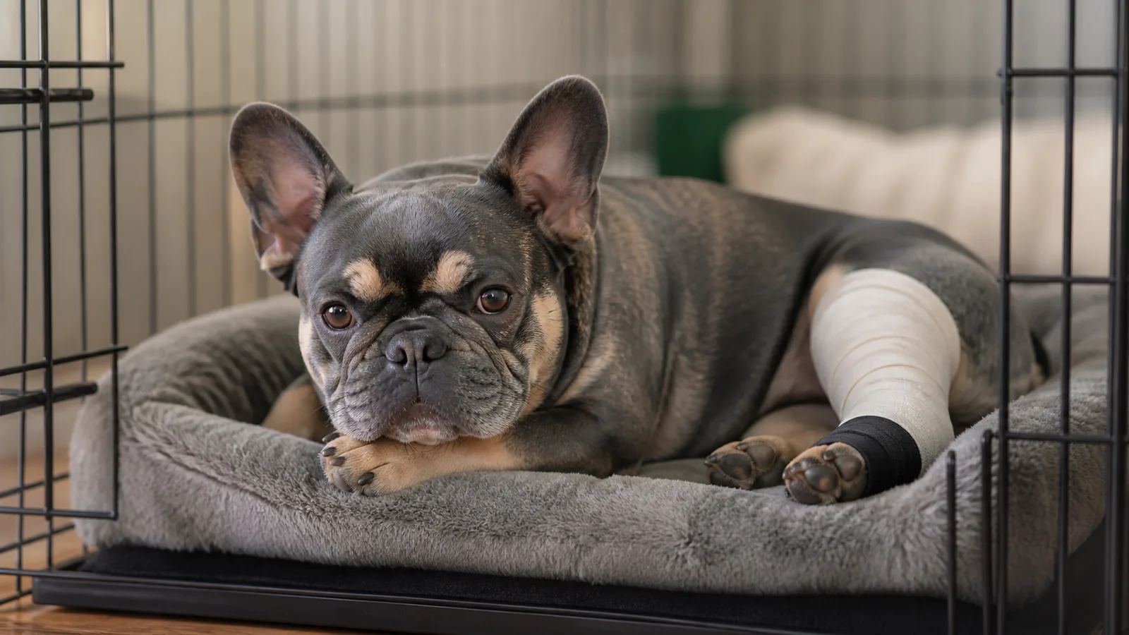 French Bulldog resting comfortably indoors on a soft pet bed inside a large crate with a leg in a cast.