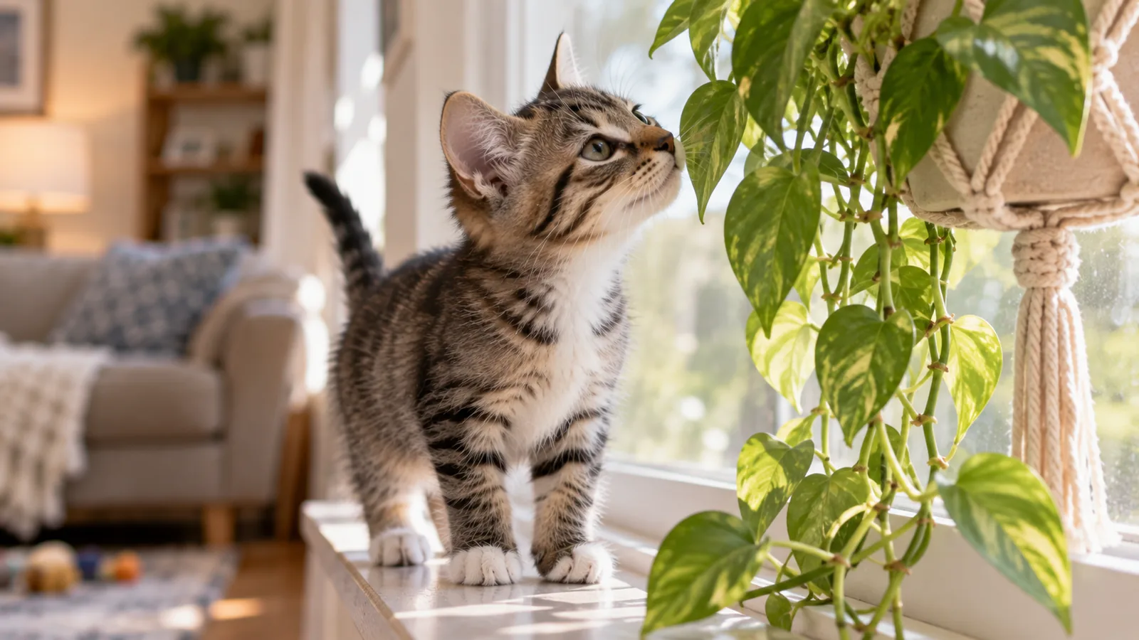 Tabby kitten standing on a sunny windowsill, sniffing the leaves of a trailing houseplant.