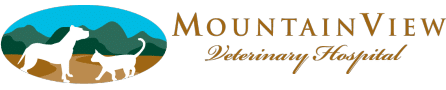 Logo for Mountain View Veterinary Hospital featuring silhouettes of a dog and a cat in front of mountain scenery, with the hospital name in gold and brown lettering on a light background.