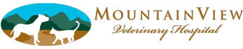 Logo for Mountain View Veterinary Hospital featuring silhouettes of a dog and a cat with mountains and a blue sky in the background, and the clinic name written in gold and cursive text.