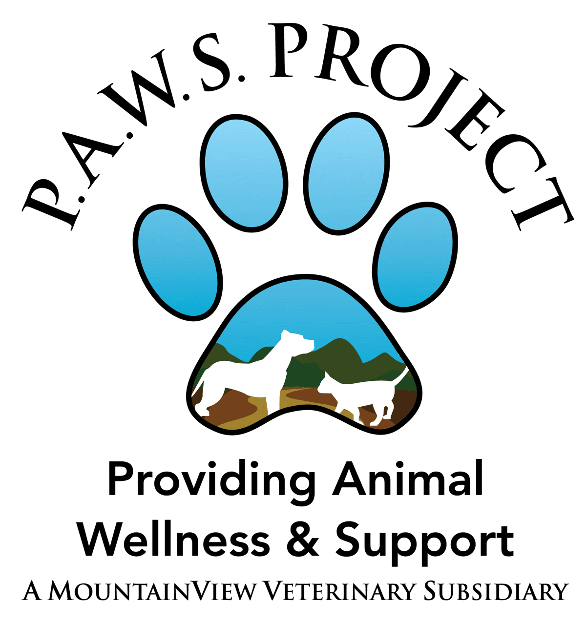 Logo for P.A.W.S. Project featuring a blue paw print with silhouettes of a dog and cat inside, and the text: "Providing Animal Wellness & Support, A MountainView Veterinary Subsidiary.