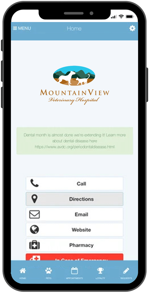 A smartphone screen displays the Mountain View Veterinary Hospital app homepage, showing the logo, navigation icons, and buttons for calling, directions, email, website, and pharmacy.