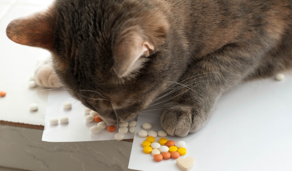 A close-up of a gray and brown cat sniffing various pills and tablets spread on white papers, some heart-shaped, on a white surface.